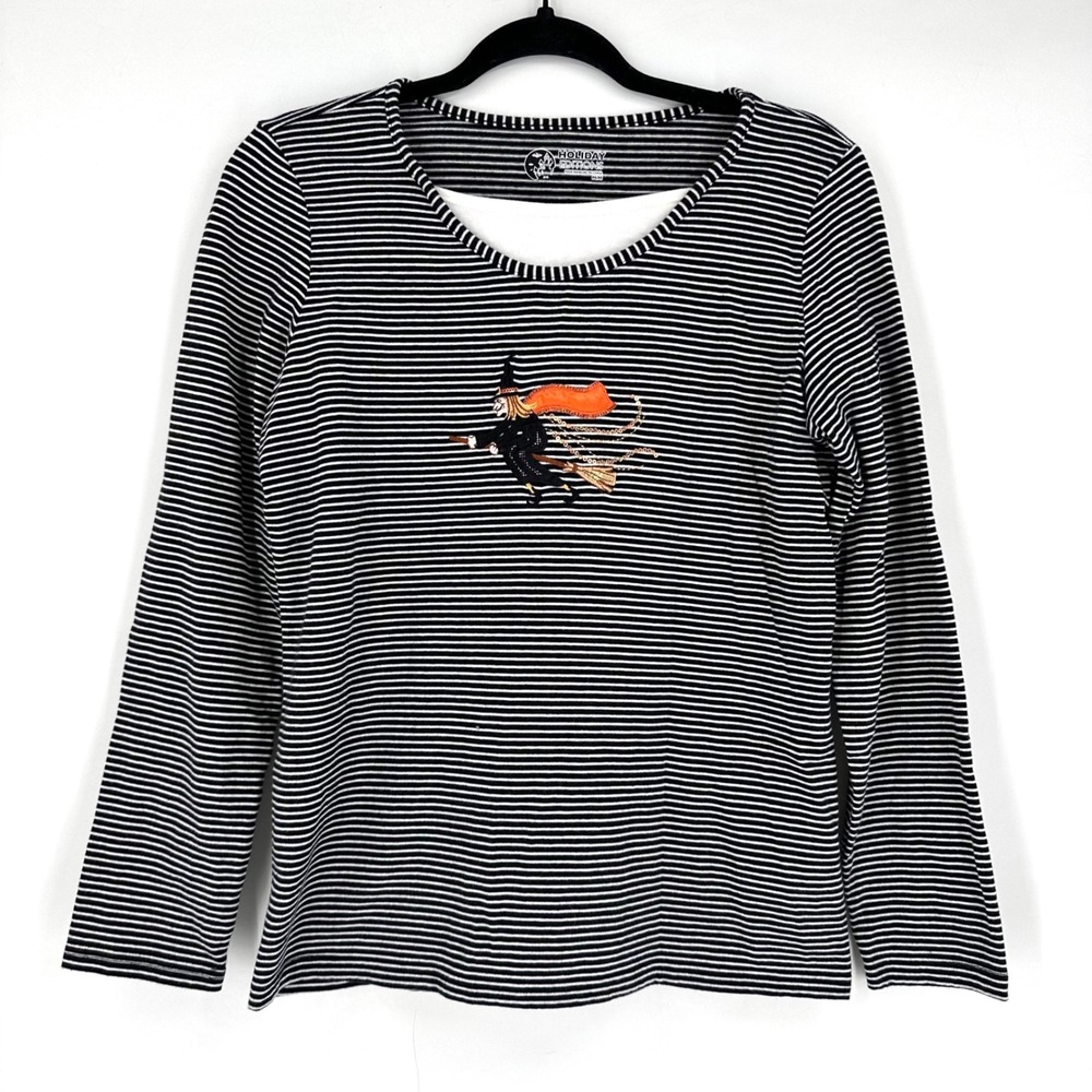 Holiday Editions Witch Top‎ Womens Medium Black White Stripe Sequin Halloween